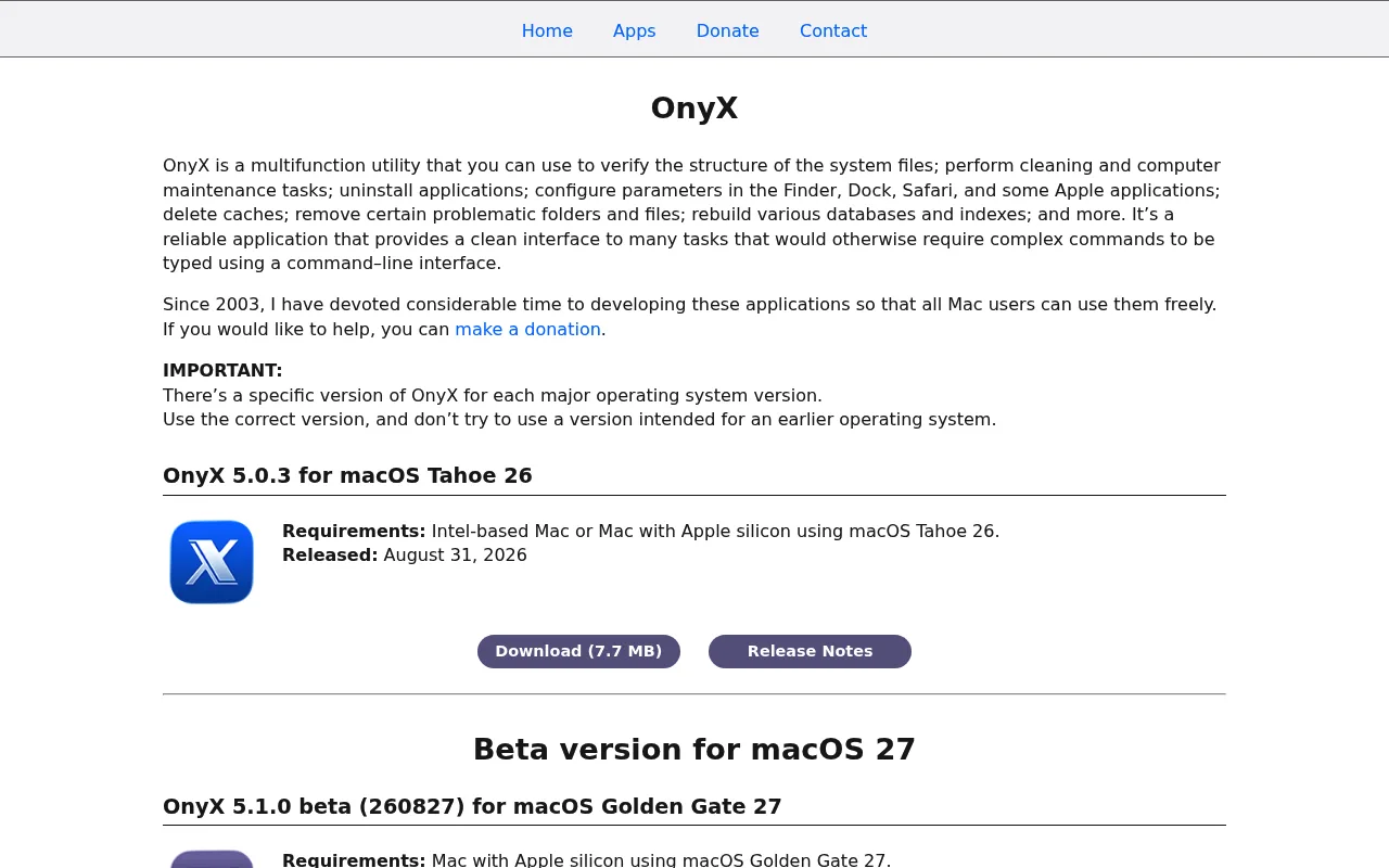 The OnyX page on www.titanium-software.fr, as it appeared on 10 September 2026