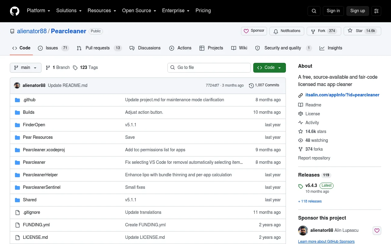 The Pearcleaner page on github.com, as it appeared on 10 September 2026