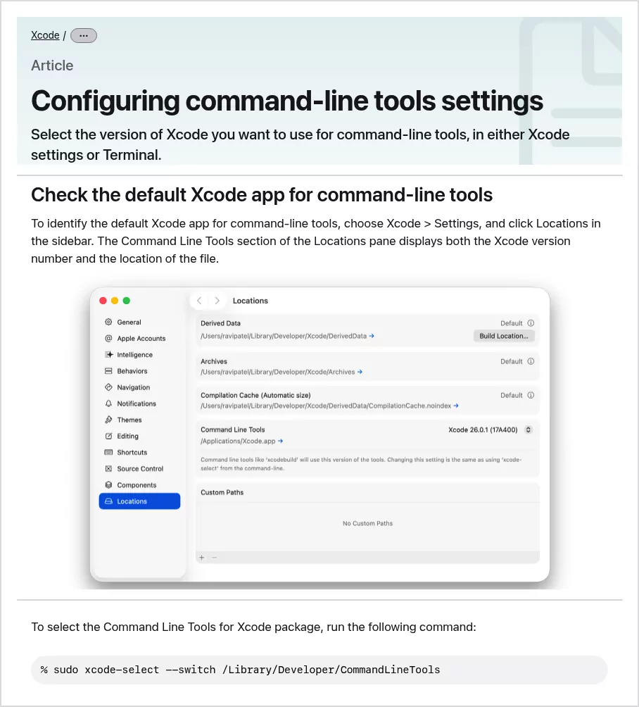 Apple's command-line tools settings page with the xcode-select switch command for the Command Line Tools