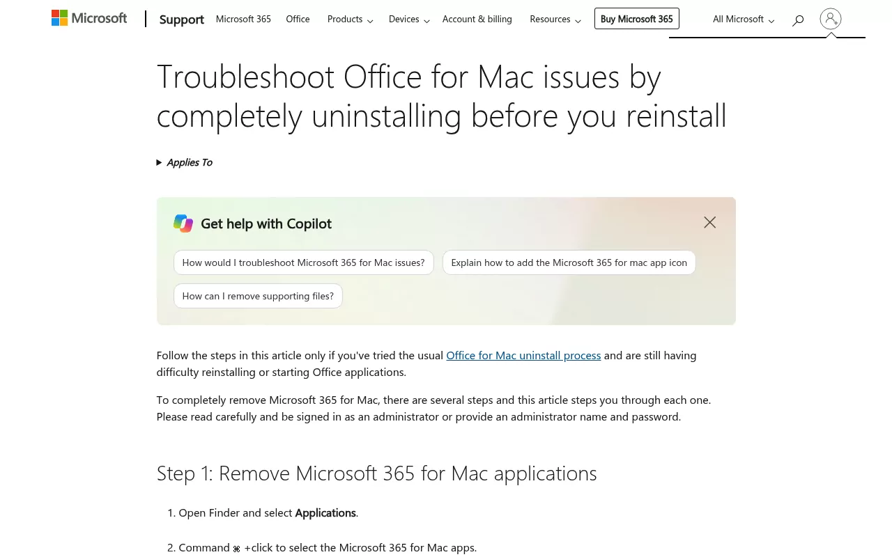 Microsoft Support article on completely uninstalling Office for Mac before you reinstall