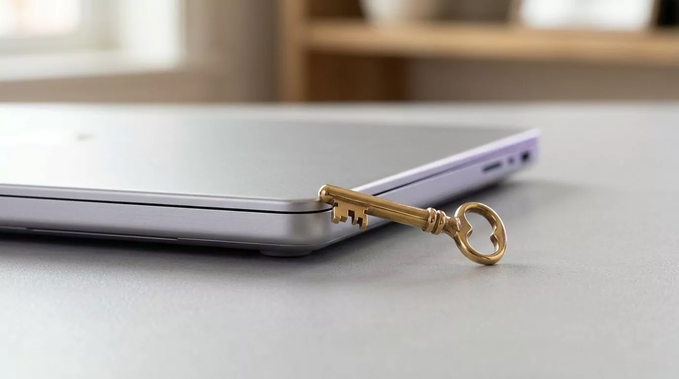 Brass key beside a laptop, standing in for the admin password prompt during a Trend Micro Mac uninstall