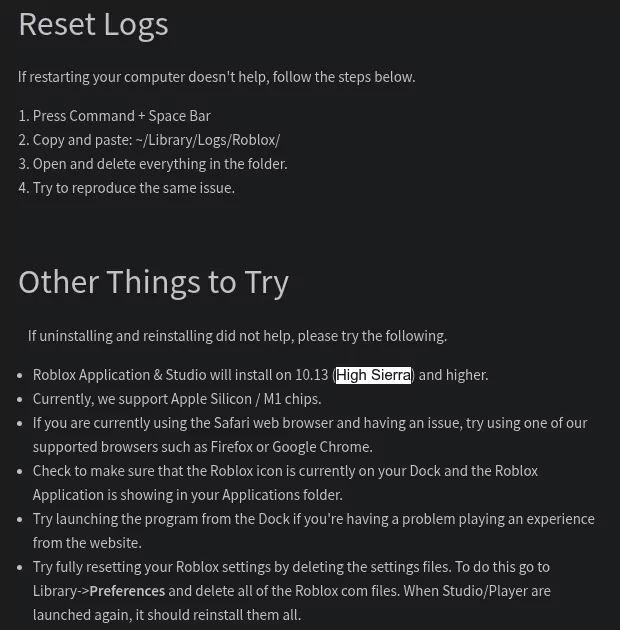 Roblox Mac troubleshooting page naming the Library Logs Roblox folder and the settings files in Preferences