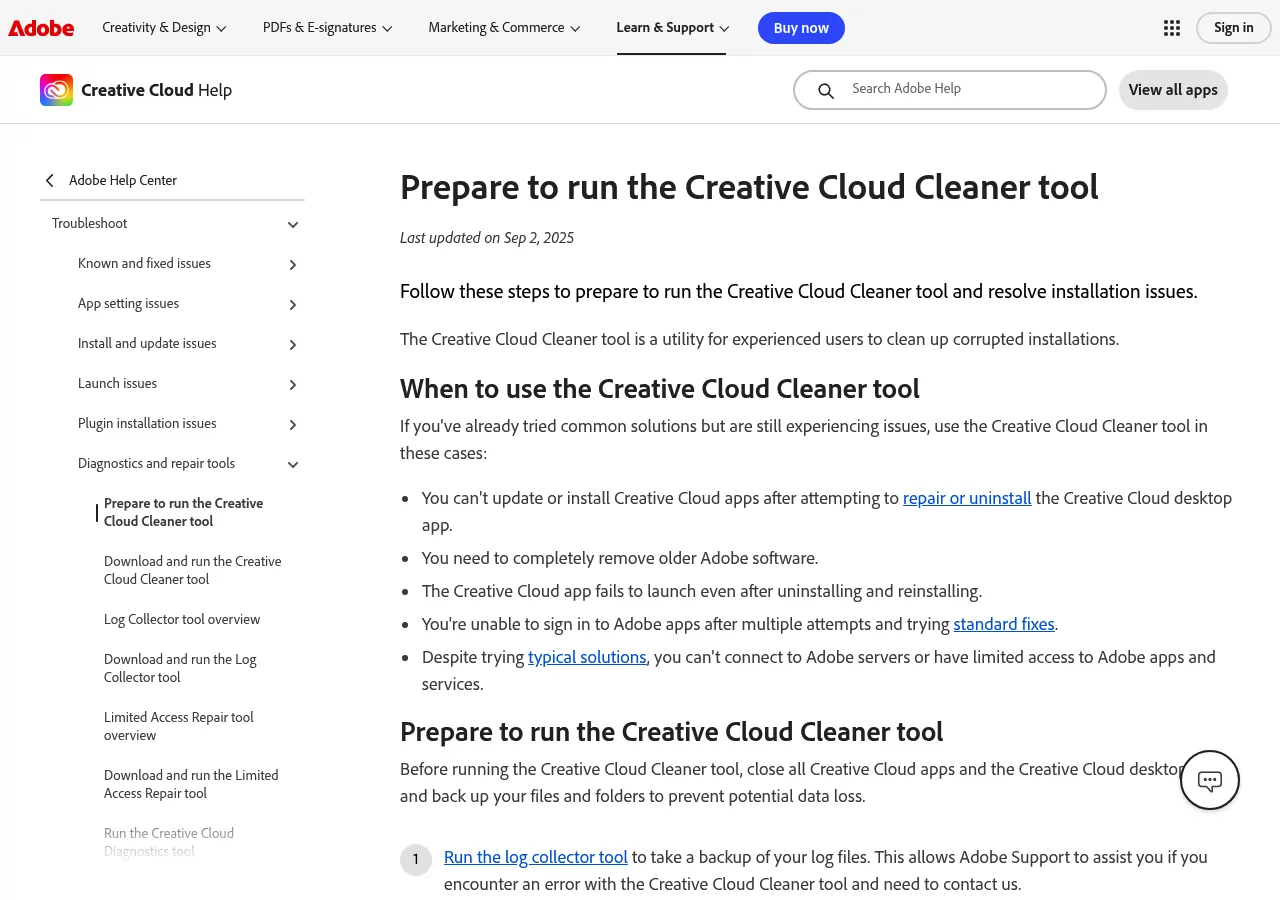 Adobe help page on preparing to run the Creative Cloud Cleaner Tool, describing it as a tool for experienced users
