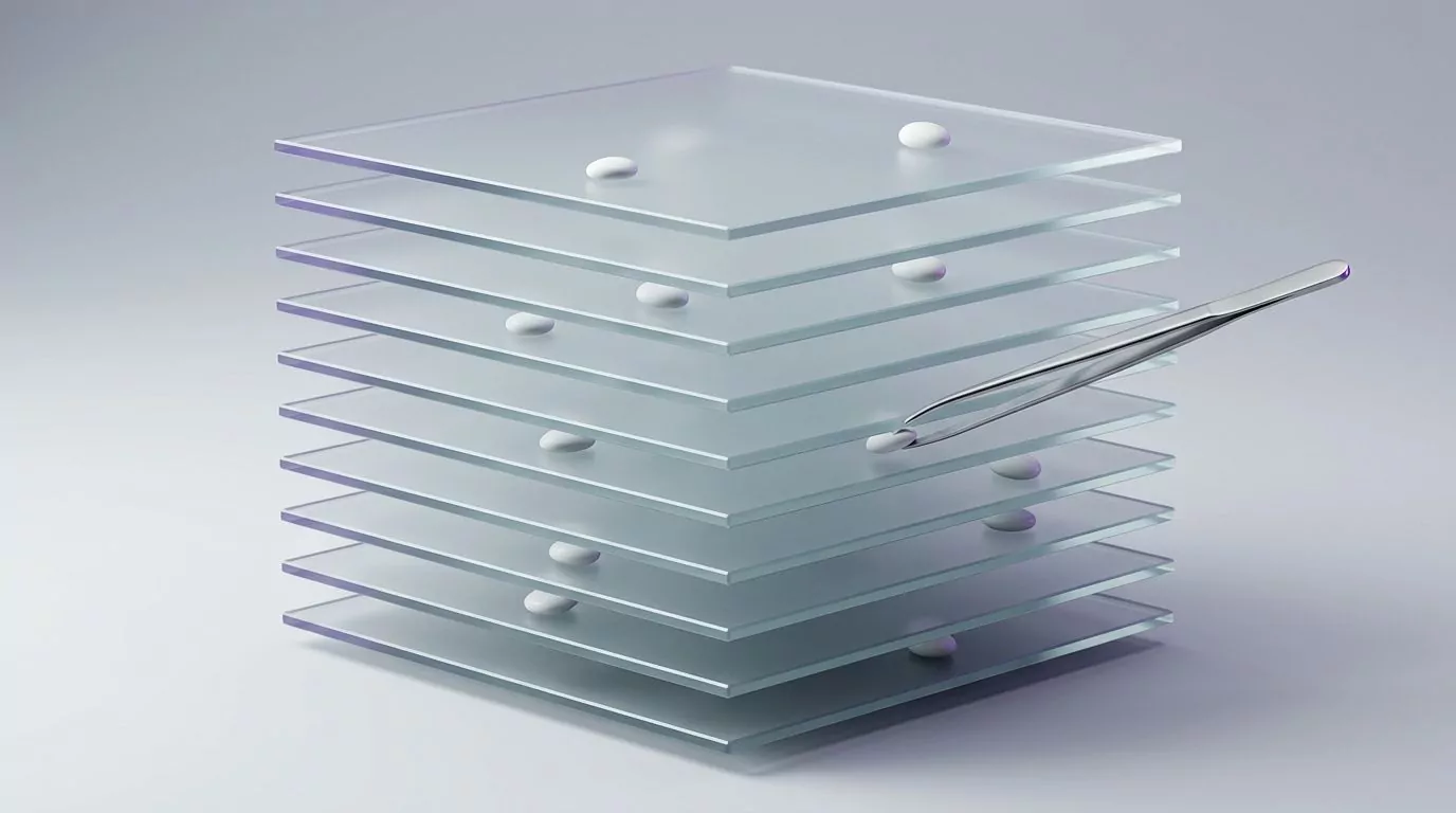 Ten stacked glass sheets each holding one pebble, with tweezers lifting a single pebble out of the stack