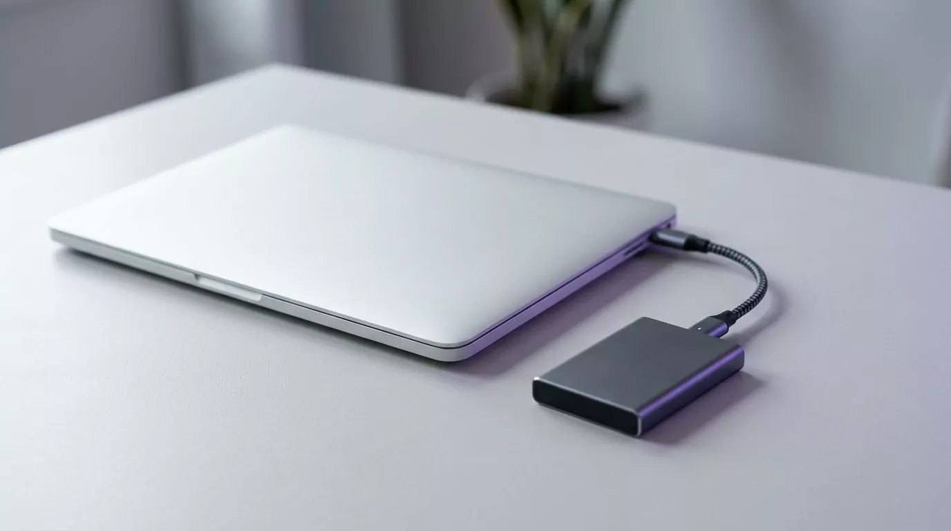 External SSD plugged into a closed laptop, a backup of local Cowork tasks before you uninstall Claude desktop