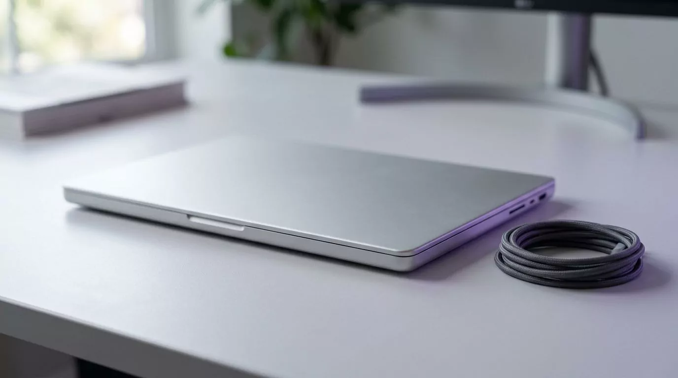 Closed silver laptop on a clean desk beside a coiled cable, ready for a Mac app cleanup