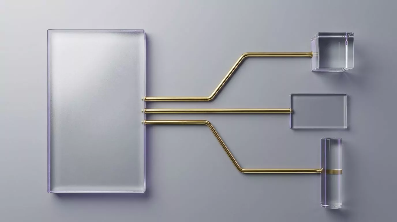 One glass slab splitting into three separate blocks, the three jobs a Mac uninstaller app bundles together