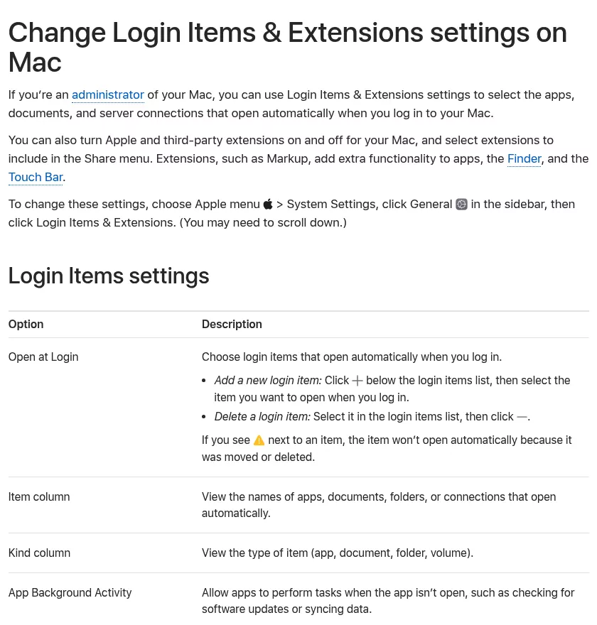 Apple guide to Login Items and Extensions settings on Mac, where you remove Claude from Open at Login