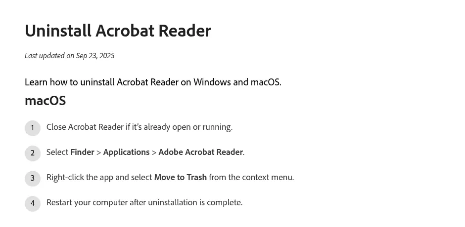 Adobe help page showing how to uninstall Adobe Reader on Mac by moving Adobe Acrobat Reader to the Trash