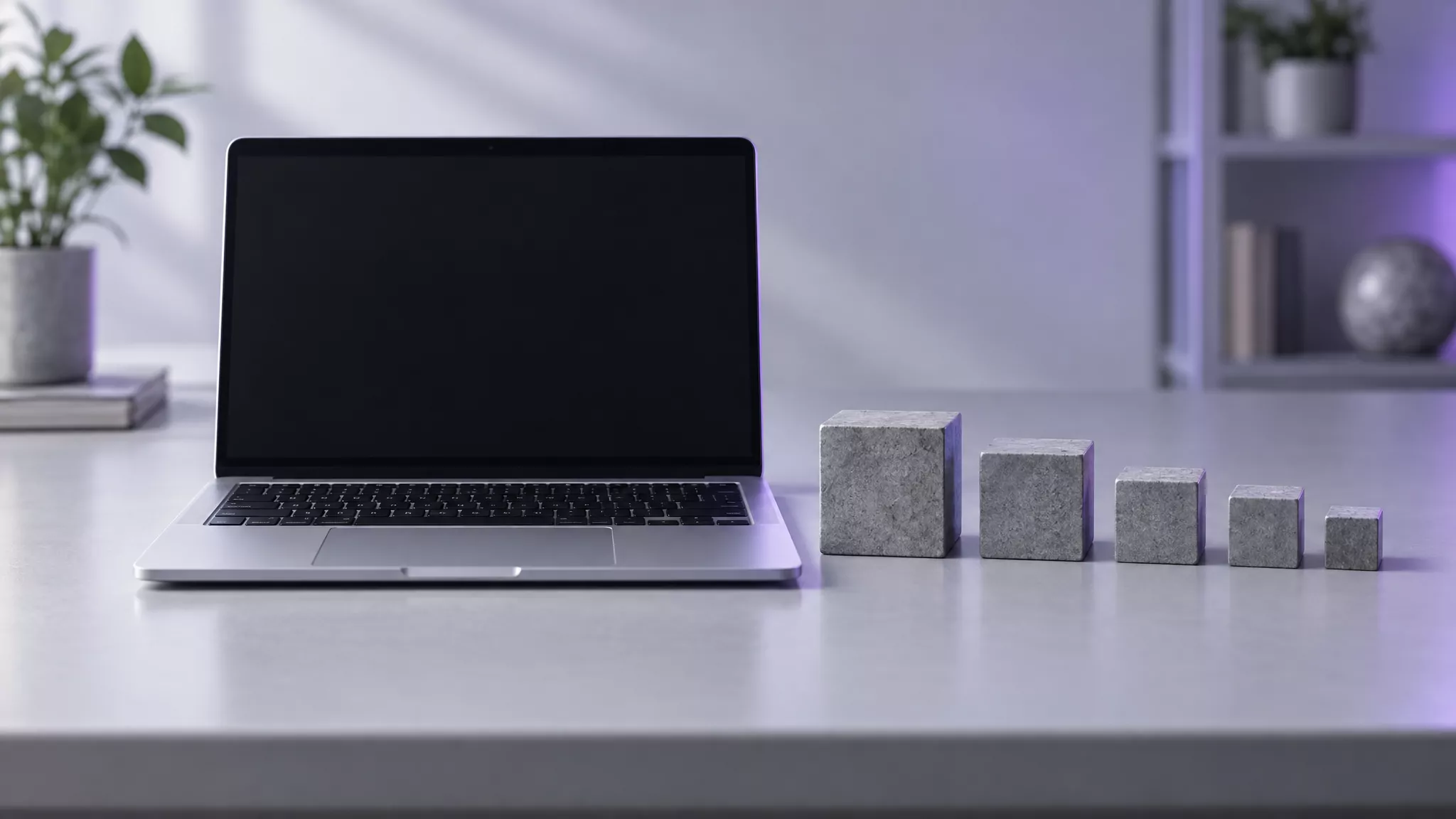 Open laptop beside five separate stone blocks, standing for the pieces removed when you uninstall Grammarly on Mac