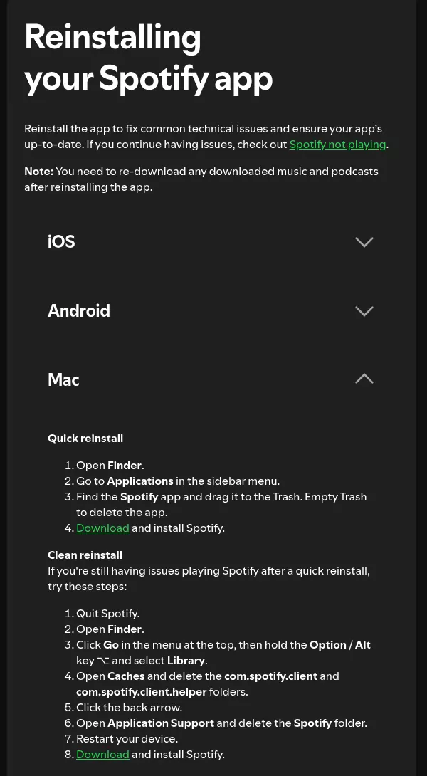 Spotify support page listing the Mac quick and clean reinstall steps, including the com.spotify.client cache folders