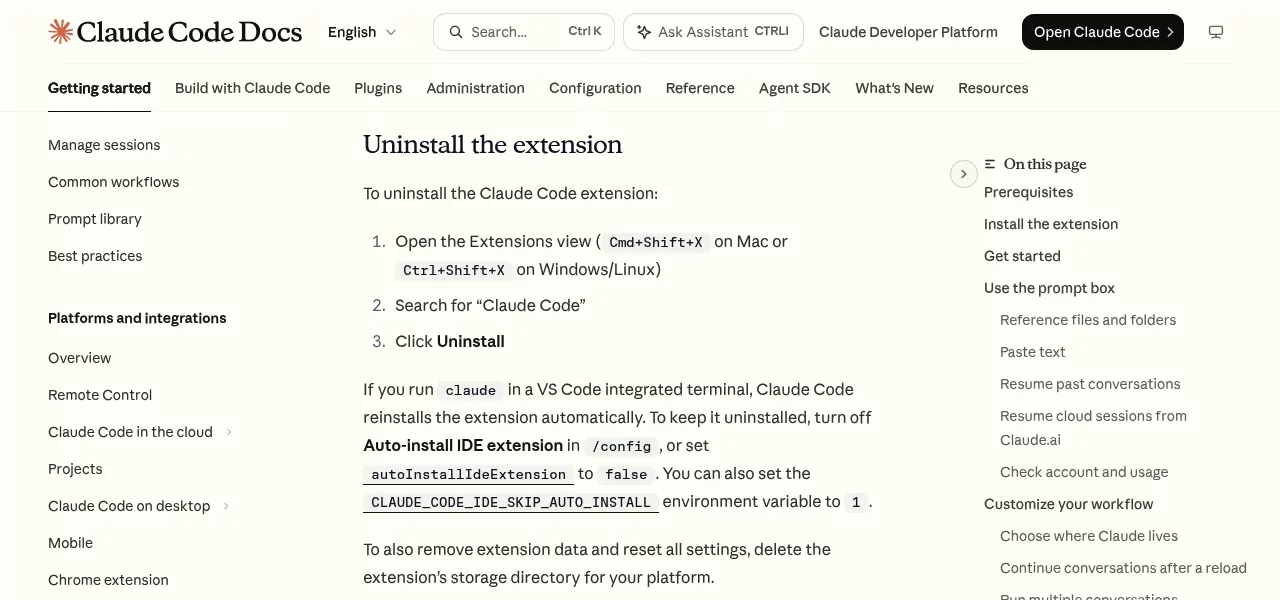 Anthropic steps to uninstall the Claude Code extension from VS Code, with the auto-install setting
