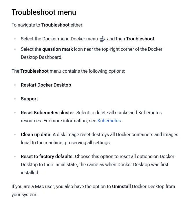 Docker docs Troubleshoot menu page noting Mac users can uninstall Docker Desktop from that menu