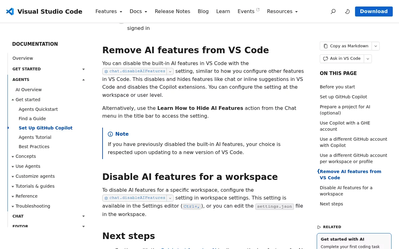 VS Code docs section Remove AI features, explaining the chat.disableAIFeatures setting that disables Copilot