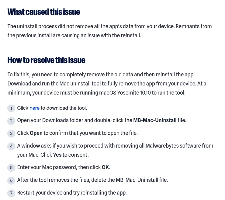 Malwarebytes support steps to remove Malwarebytes from Mac with the MB-Mac-Uninstall tool, then restart