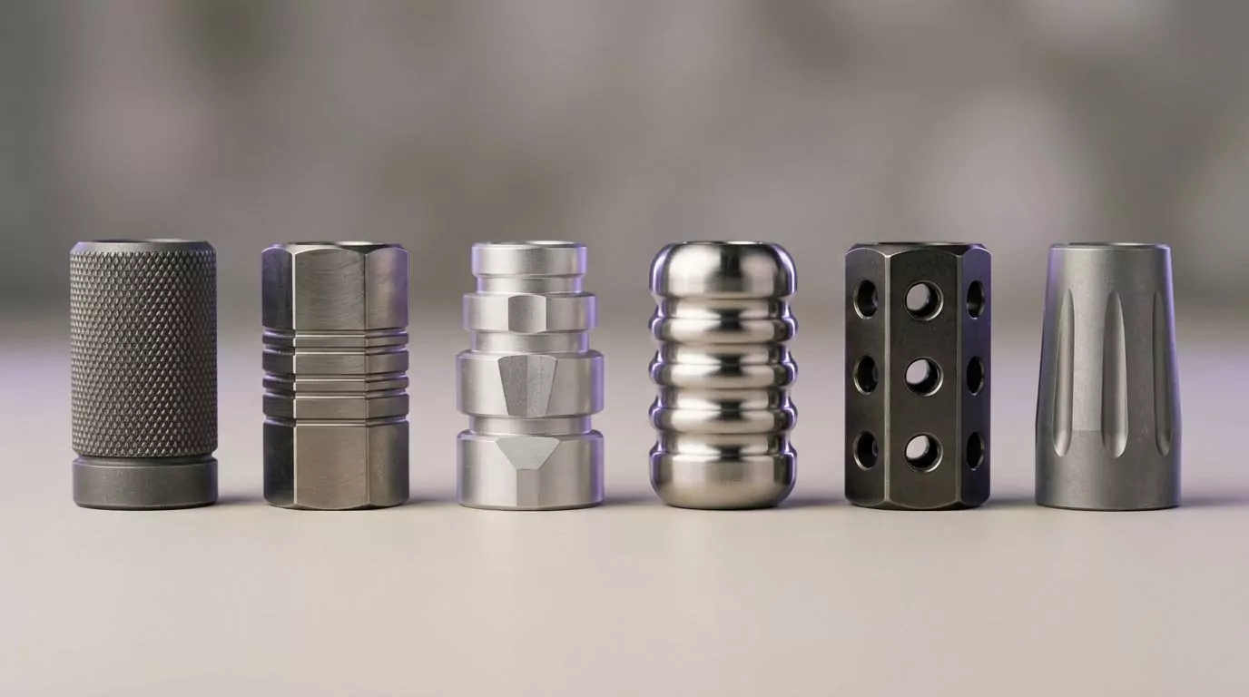 Six machined metal objects standing at equal height on one shared baseline, none ranked above another
