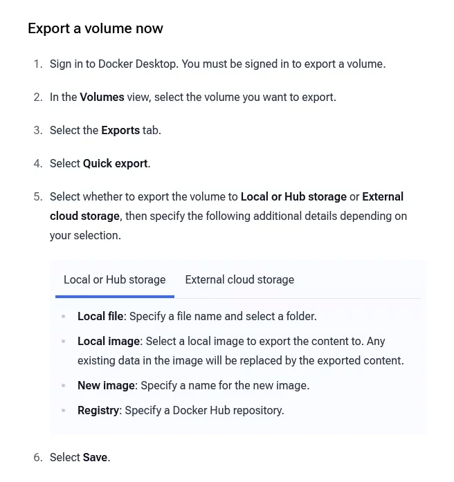 Docker docs steps to export a volume with Quick export before you uninstall Docker Desktop on Mac
