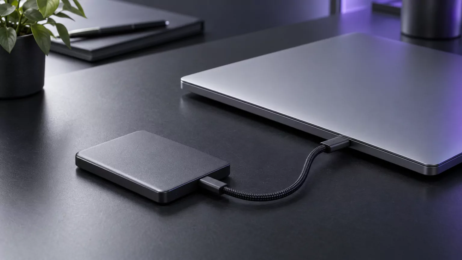External drive plugged into a closed laptop, backing up Outlook data before you uninstall Microsoft Office from Mac