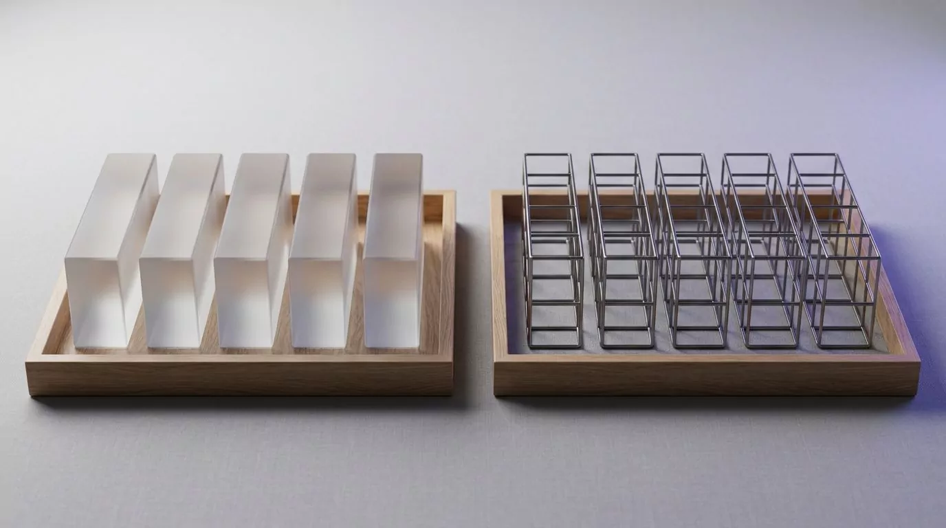 Two trays compared: solid blocks stand for real files, empty wire cages for purgeable space and APFS snapshots