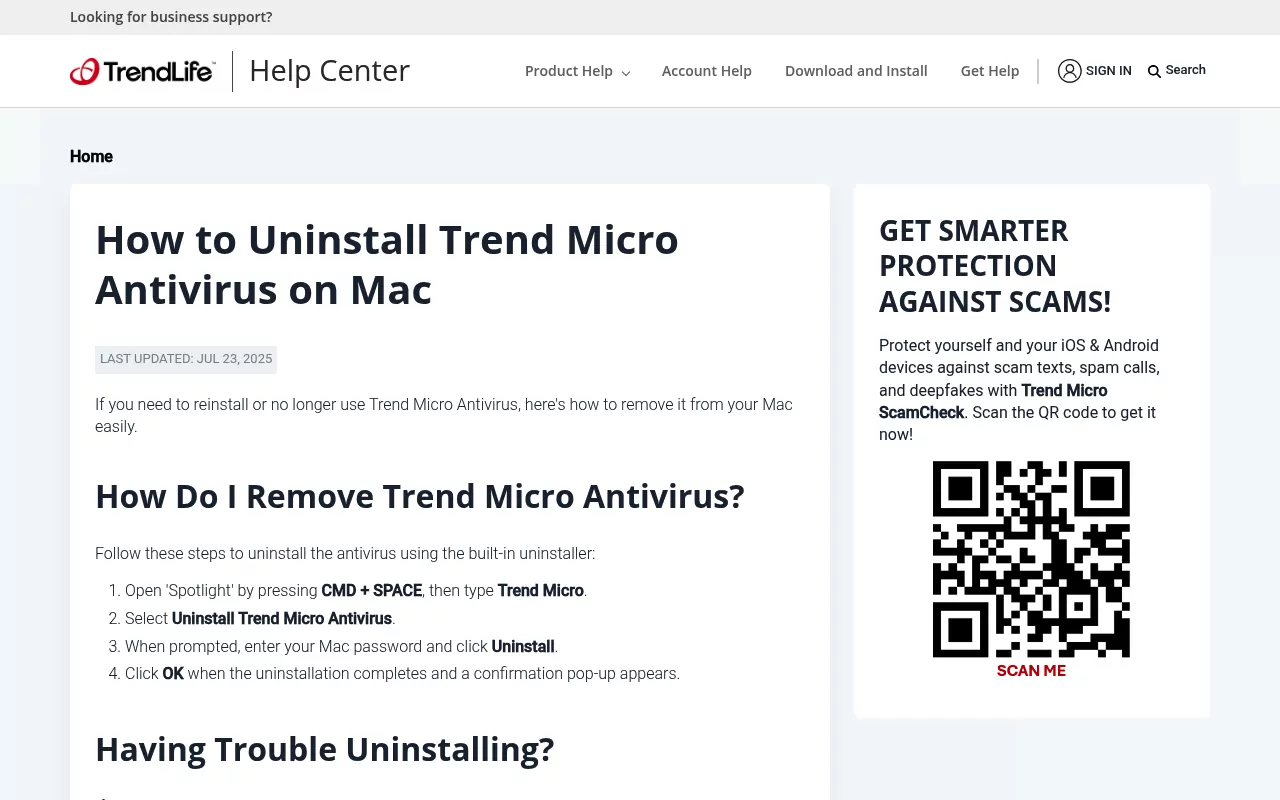Trend Micro help centre page listing the supported steps to uninstall Trend Micro Antivirus on Mac