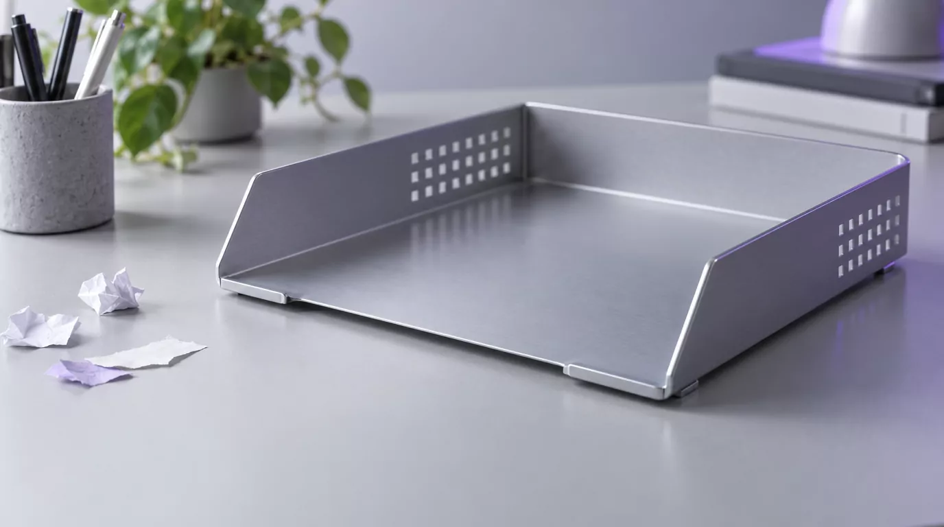 Empty desk tray with scraps swept aside, like Dropbox leftover files cleared from a Mac