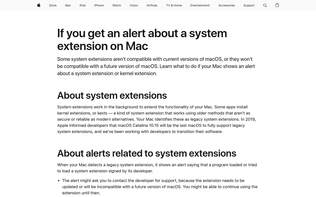 Apple Support page explaining system extensions on Mac and where macOS lists them