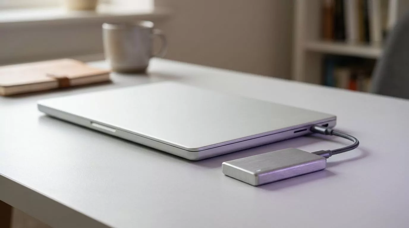 Small external drive plugged into a closed laptop, standing for a backup before you uninstall Claude Code