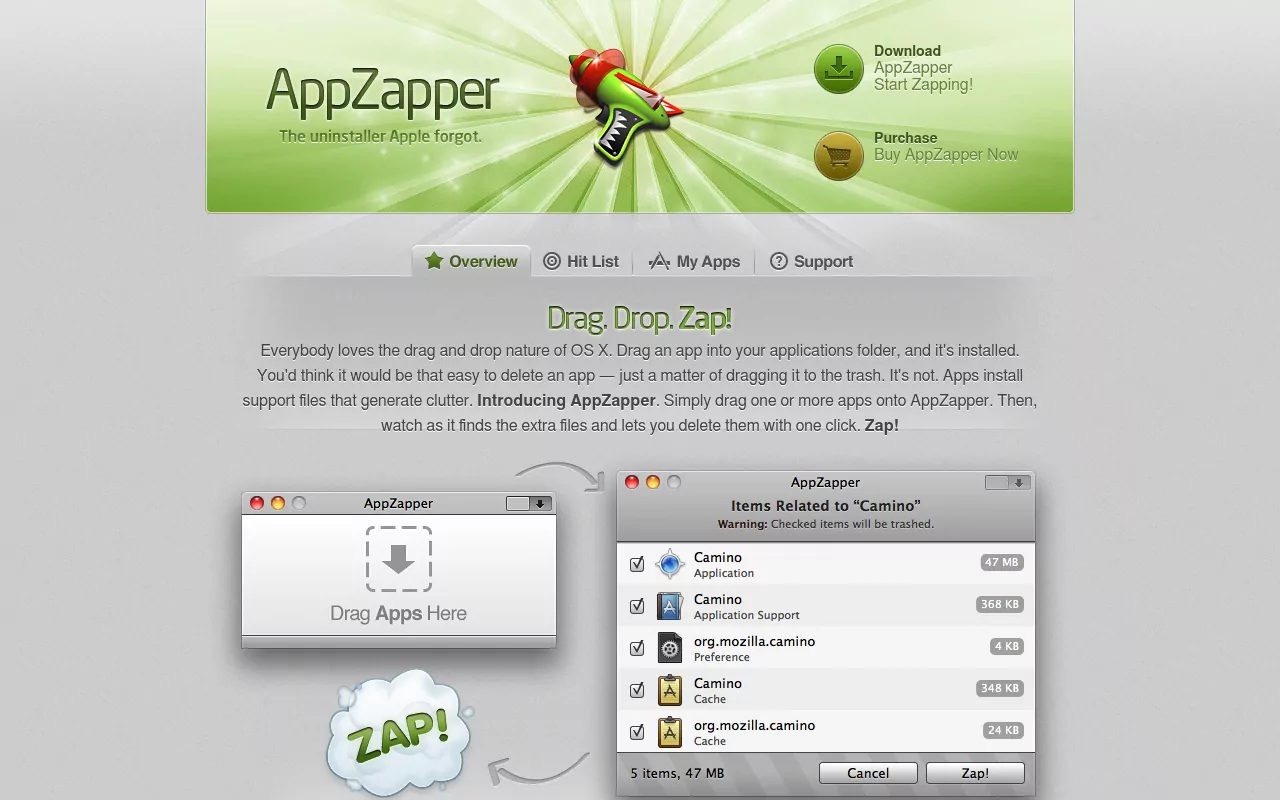 AppZapper site showing its drag and drop zap window and the leftover support files found for a deleted Mac app