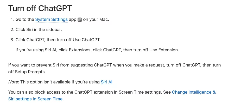 Apple steps to turn off the ChatGPT extension in Siri settings on macOS 27