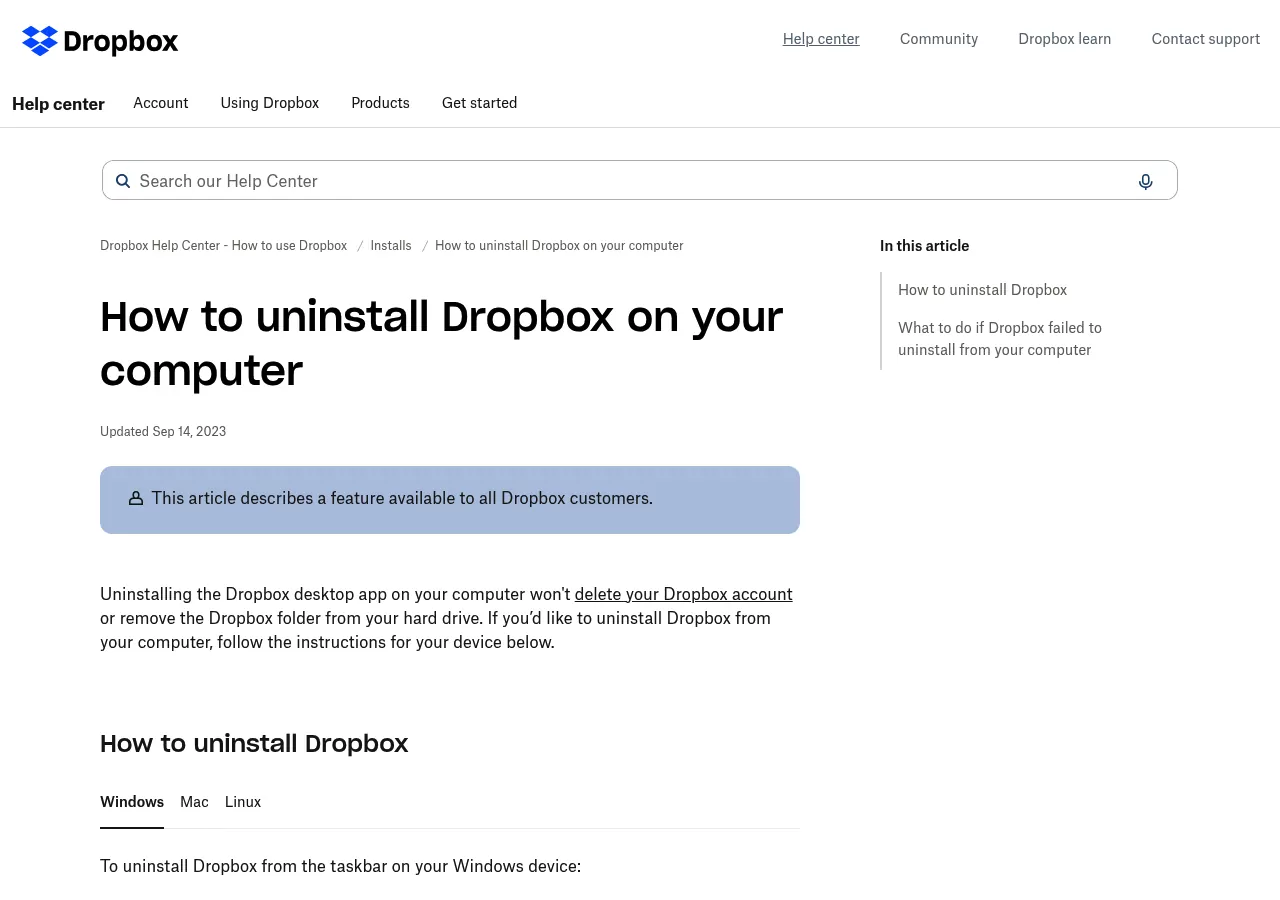 Dropbox help article explaining how to uninstall Dropbox on your computer, with a Mac tab