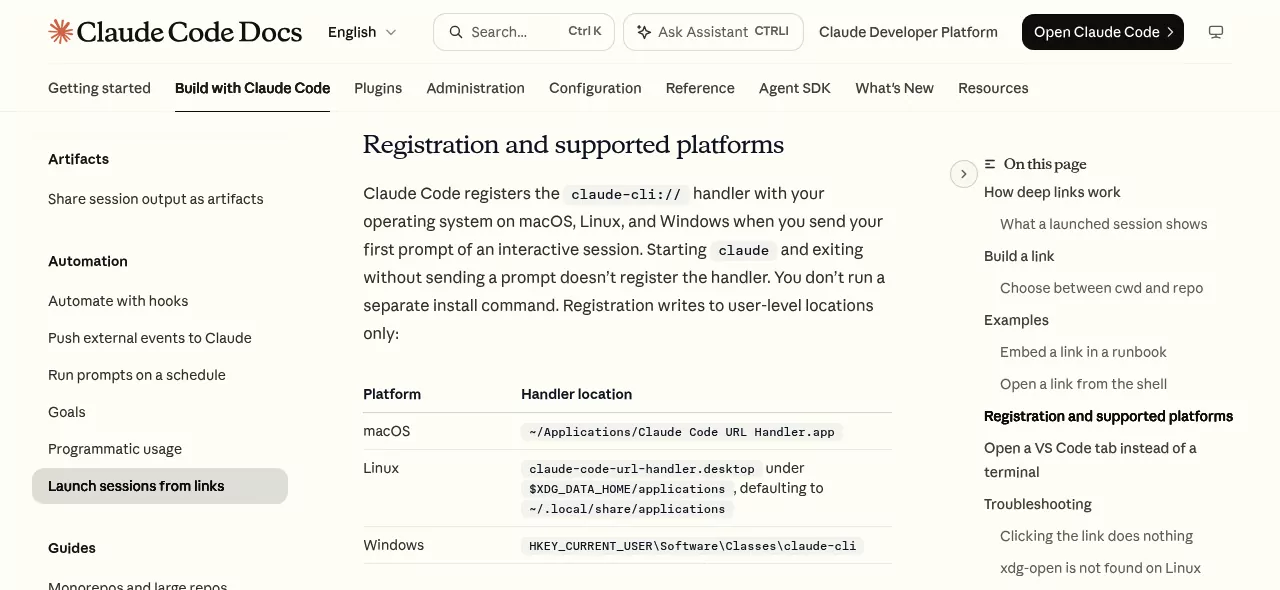 Anthropic table placing Claude Code URL Handler.app in the Applications folder of your home folder on macOS