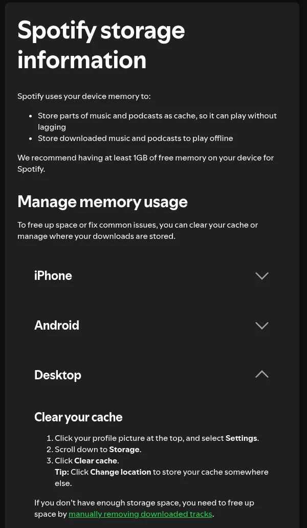 Spotify storage help page showing the desktop Clear cache steps and the Change location tip