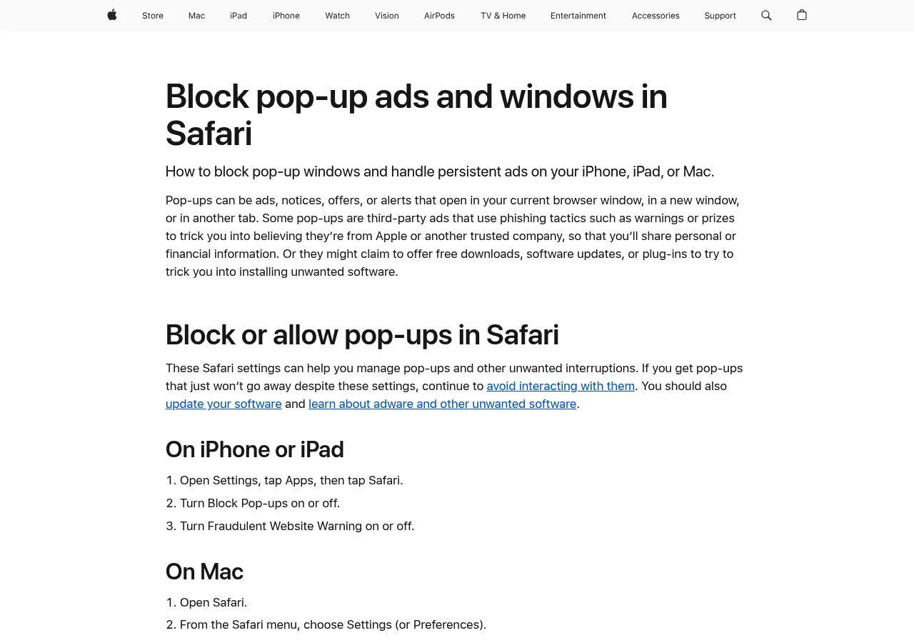 Apple Support page explaining how to block pop-up ads and windows in Safari on Mac