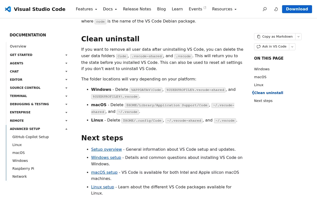 Microsoft's Clean uninstall section listing the Code, .vscode-shared and .vscode folders to delete on macOS