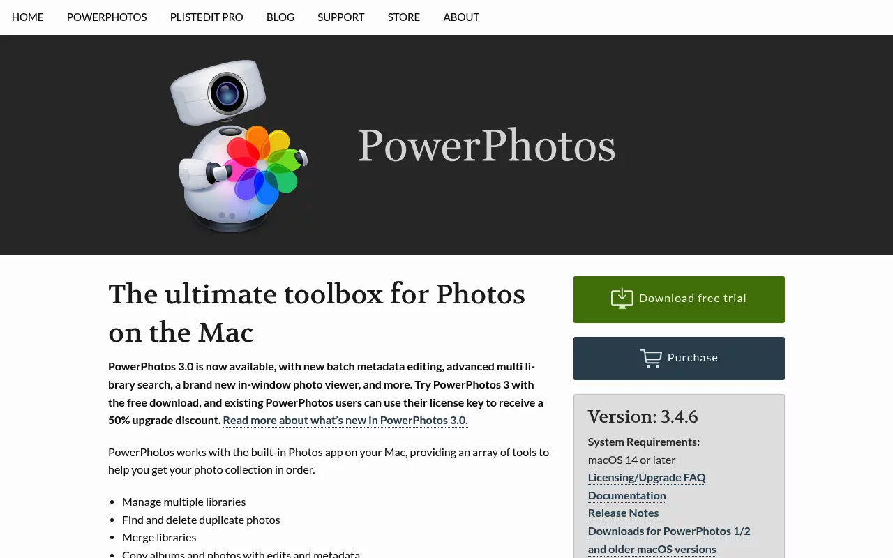Fat Cat Software page for PowerPhotos, a Mac Photos toolbox that merges libraries and finds duplicates