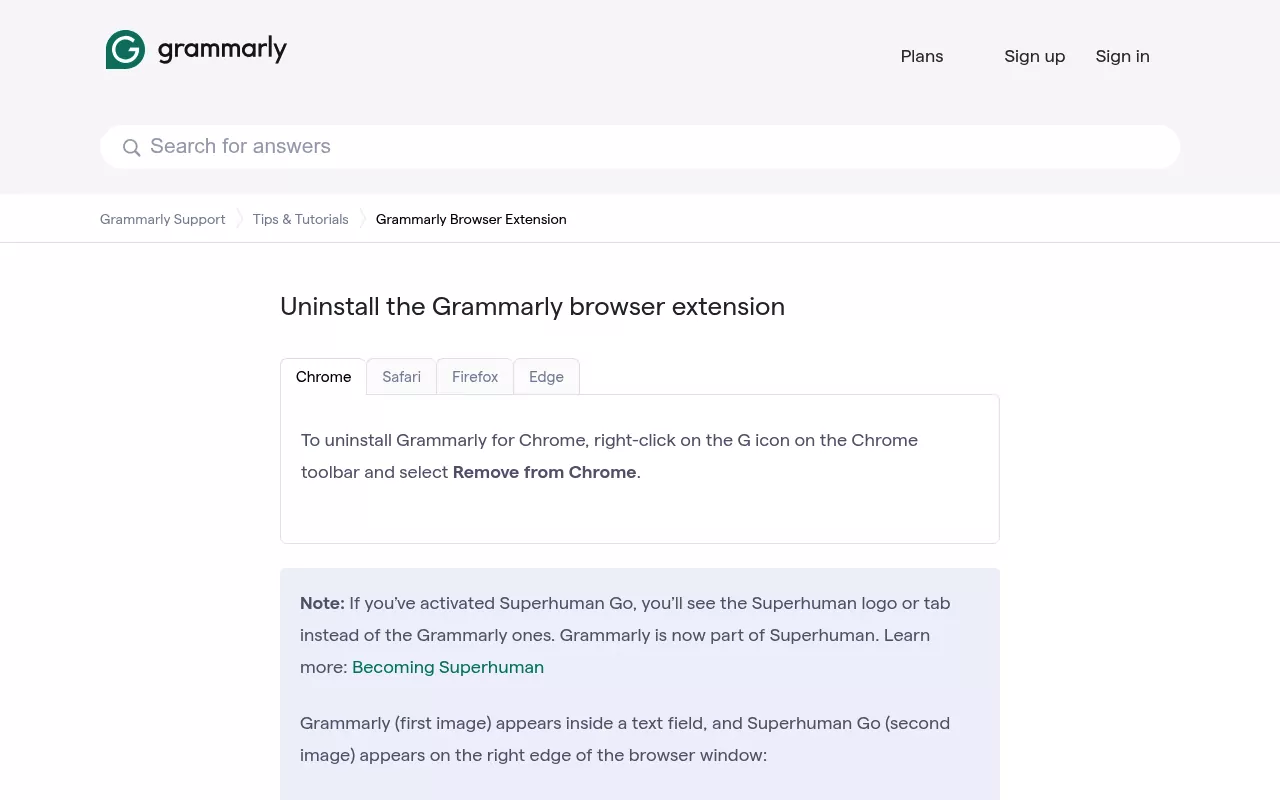 Grammarly help page with Chrome, Safari, Firefox and Edge tabs for removing the Grammarly browser extension