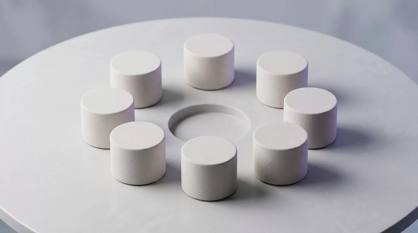 Seven identical blocks of equal height in a ring around an empty centre, with no podium or winner