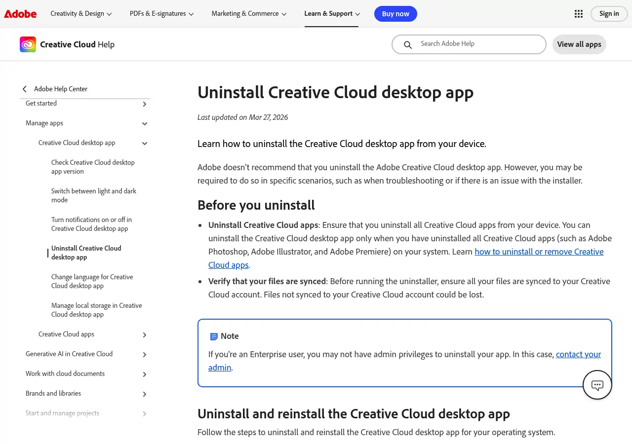 Adobe help page for the Creative Cloud uninstaller for Mac, listing what to do before you uninstall