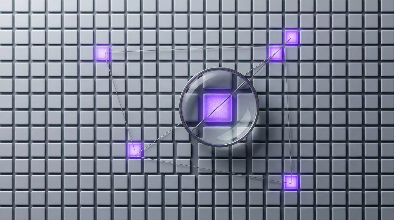 A magnifier over a grid of grey tiles with four glowing tiles linked by threads, matching one bundle identifier