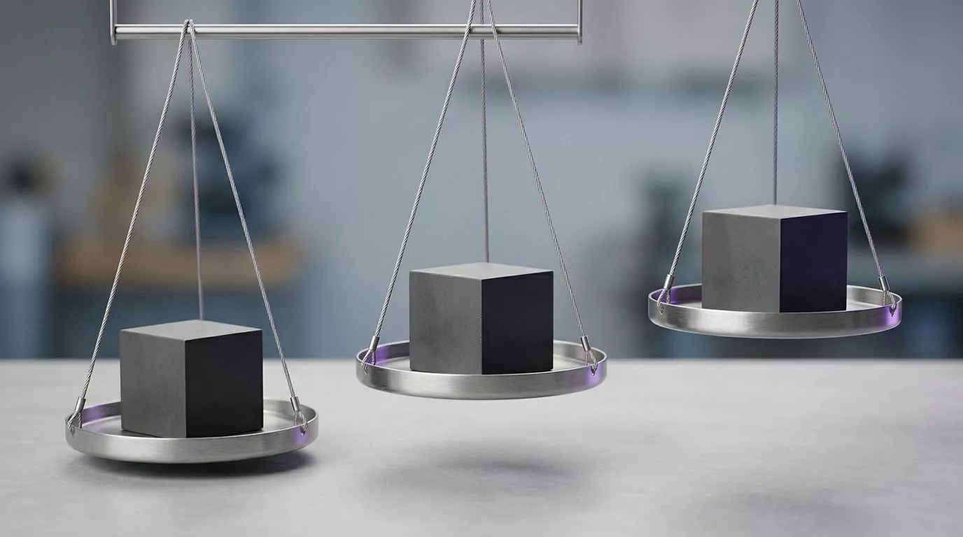 Identical blocks resting on three balance pans hanging at different heights, one disk measured three ways
