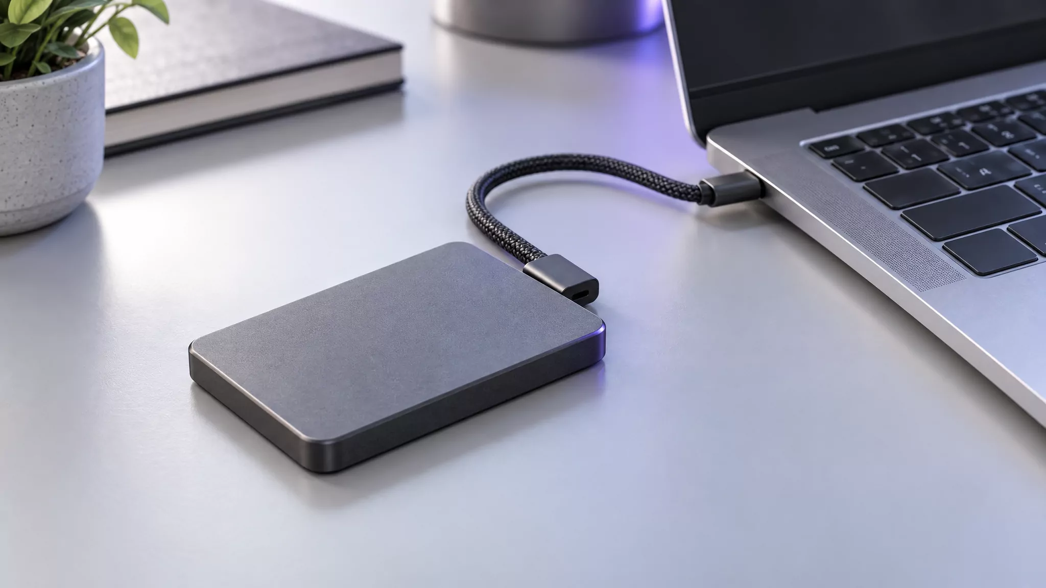 Portable drive connected to a MacBook, a reminder to copy Roblox Studio files before you remove Roblox from Mac