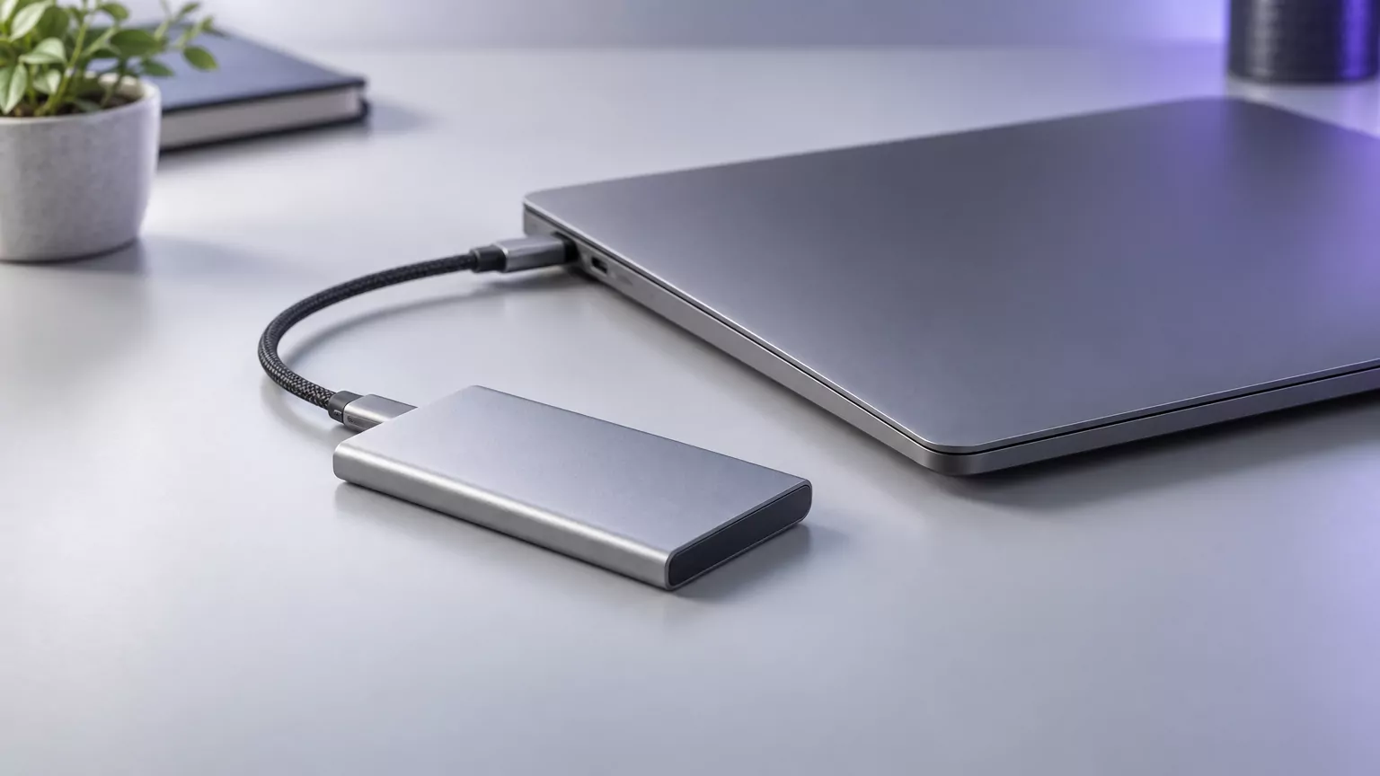 Slim external drive cabled to a closed laptop, ready to hold a copied Parallels virtual machine