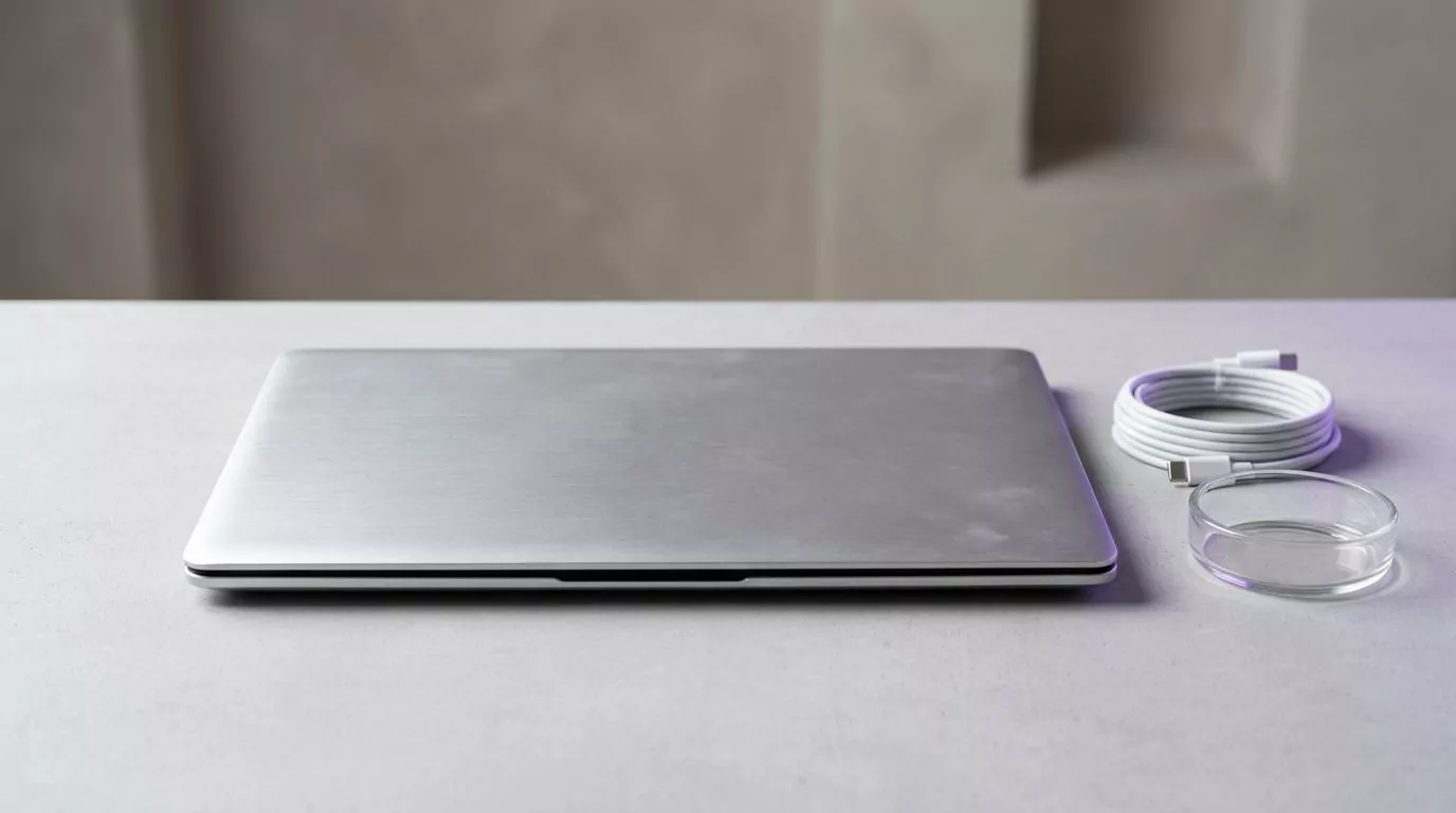 Closed laptop beside a coiled cable, standing for the final check after you remove Xcode from Mac
