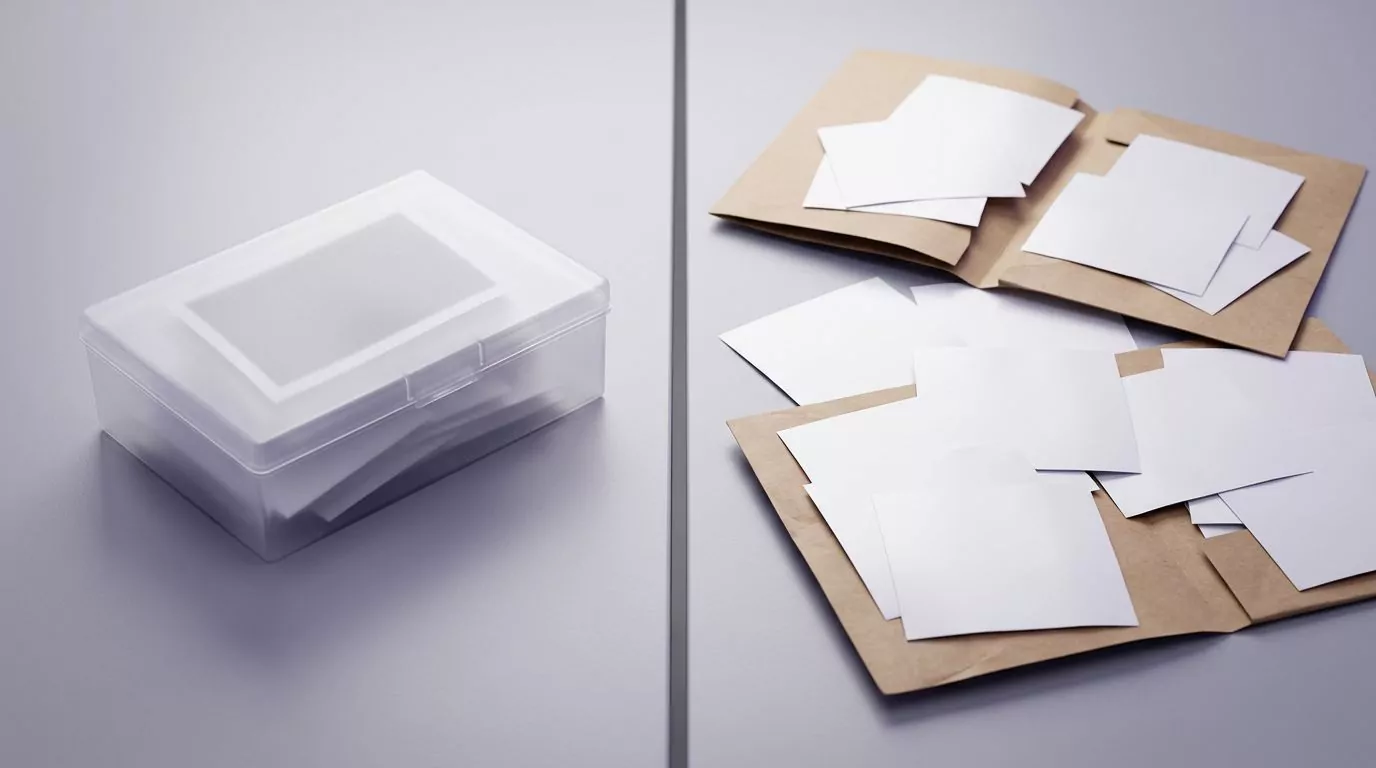 Sealed box beside loose prints in folders, comparing a Photos library with plain Mac folders