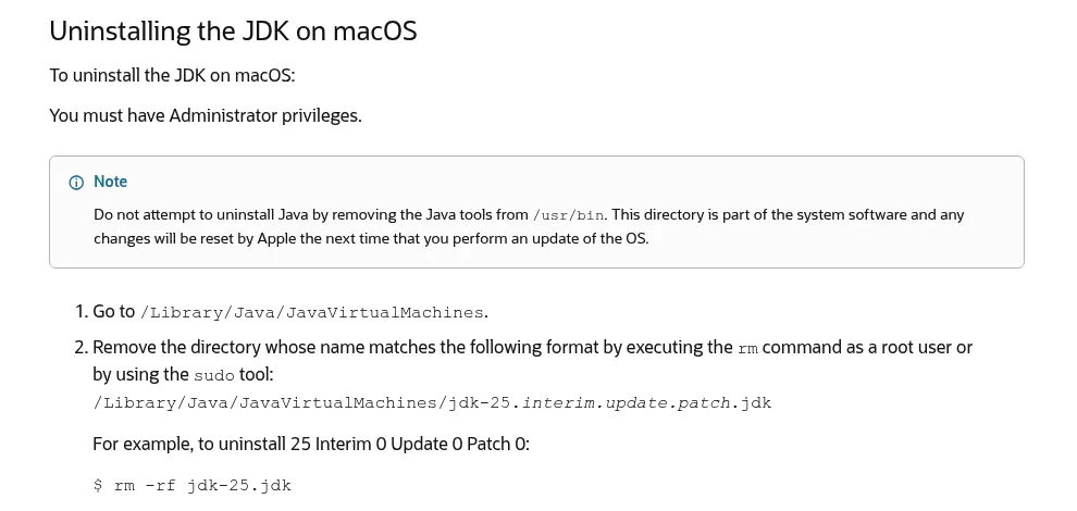 Oracle JDK 25 guide section Uninstalling the JDK on macOS with the folder name format and the rm -rf jdk-25.jdk example