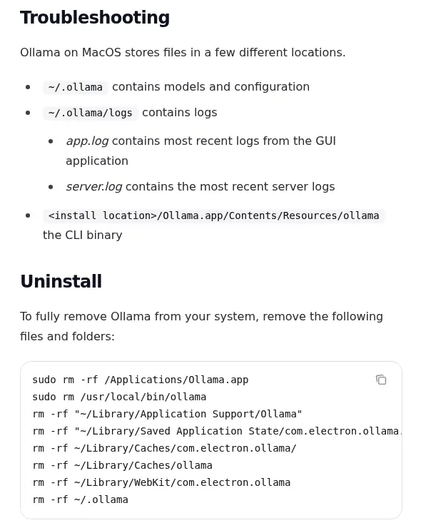 Ollama's macOS page listing the files and folders to delete to uninstall Ollama on Mac