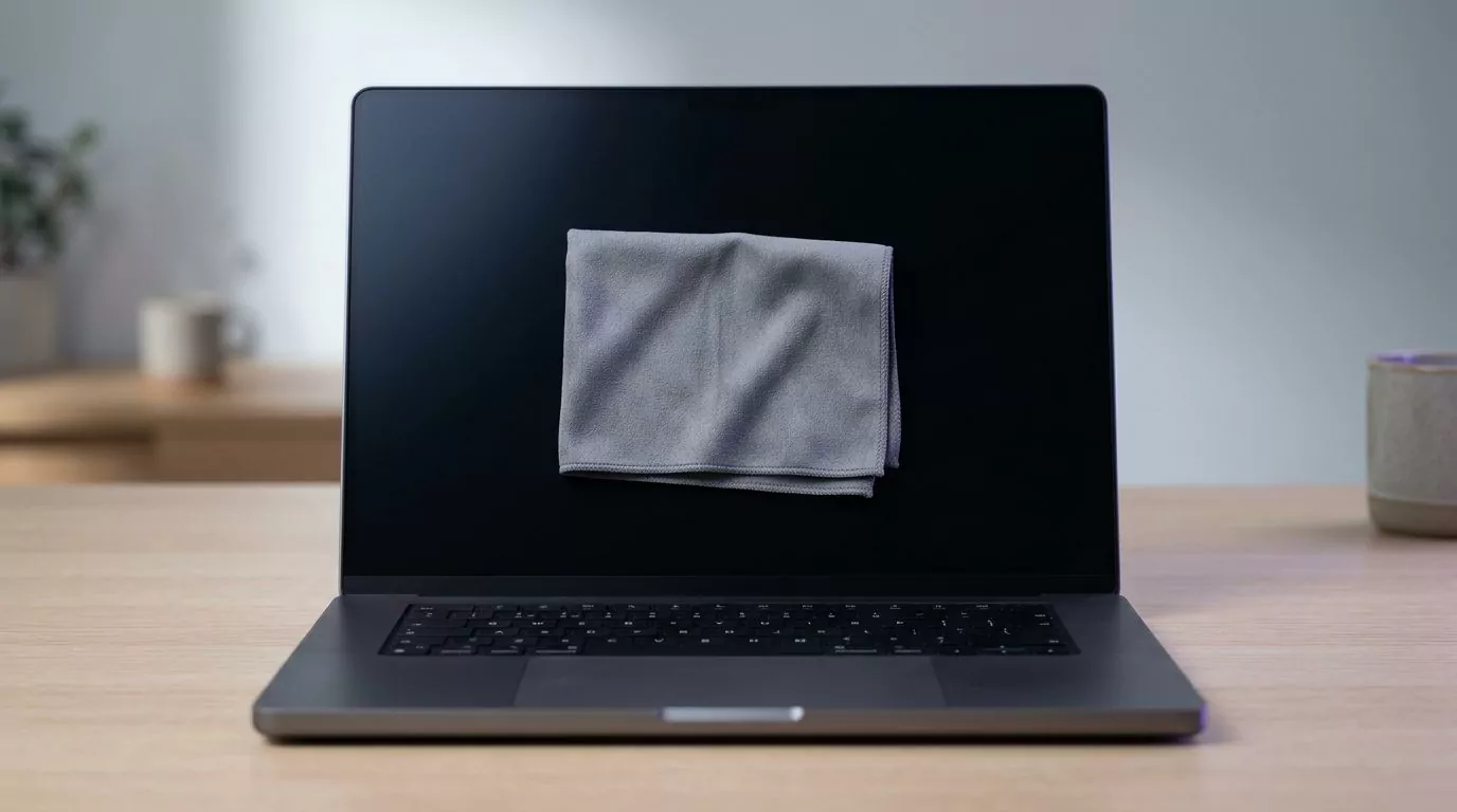 Microfibre cloth resting on a dark switched off laptop screen, standing in for clearing Safari website data on Mac