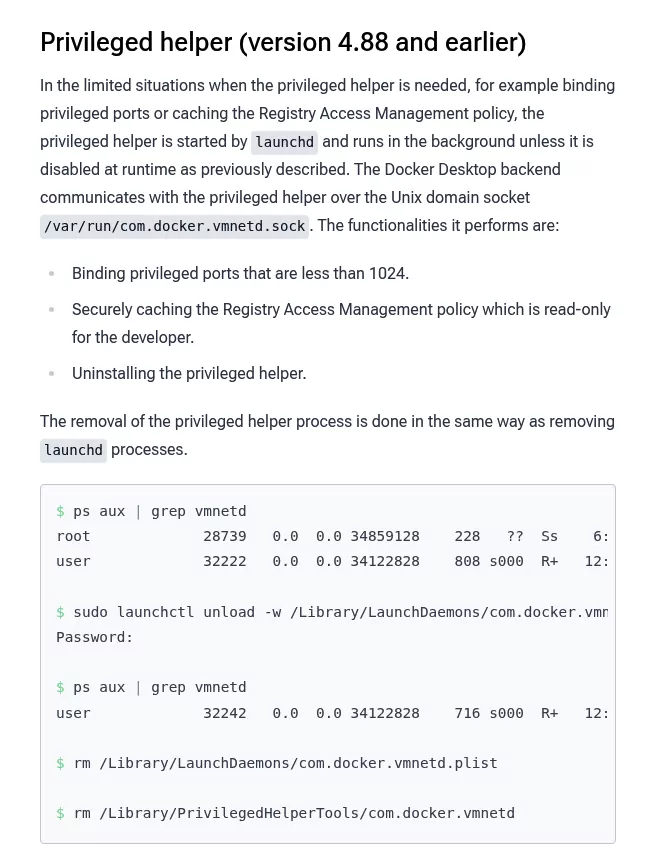 Docker docs page with launchctl unload and rm commands to remove the com.docker.vmnetd privileged helper