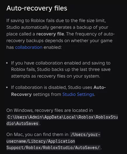 Roblox Creator Hub page showing where Roblox Studio keeps its AutoSaves recovery files on Mac