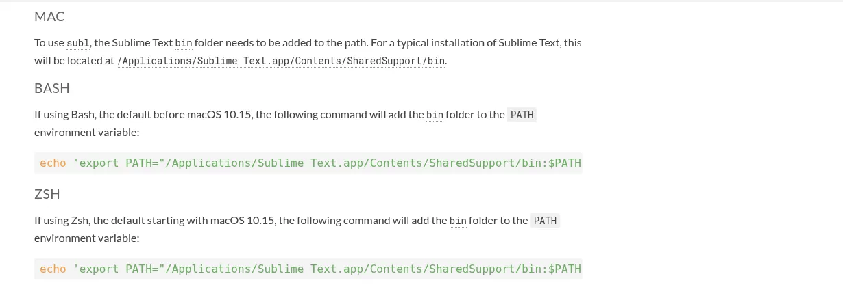 Official Sublime Text docs showing the Mac bin folder path and the bash and zsh PATH export lines